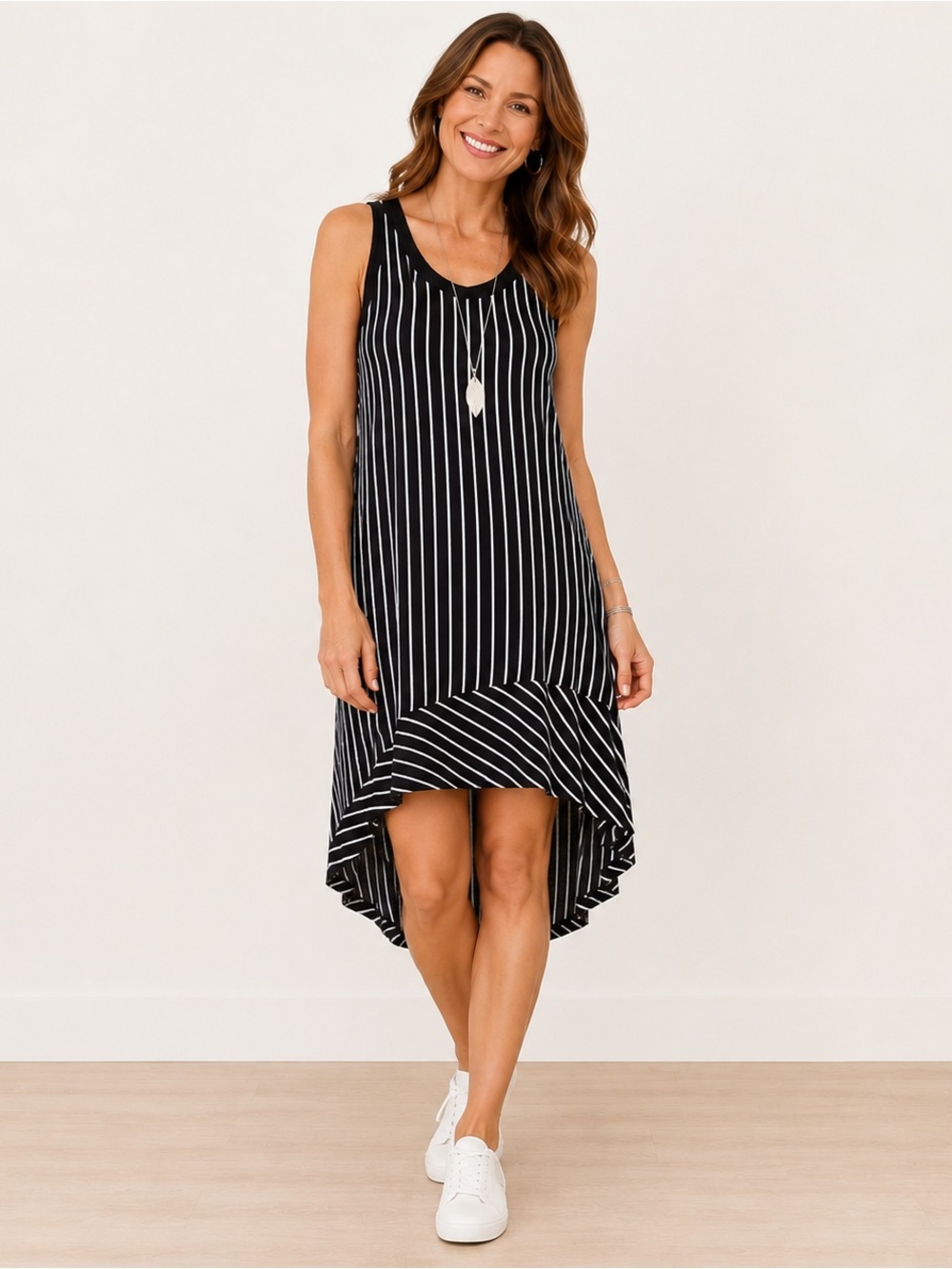 CAbi ATC Wink Dress #5946 | Black White Stripe High-Low Midi Dress | Size L